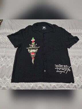 Ed Hardy Love Kills Slowly Skull Short Sleeve Button Down Shirt Size Medium
